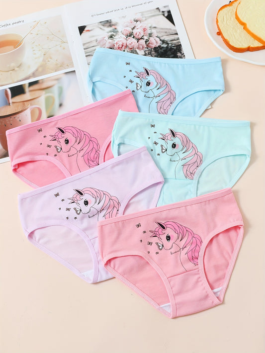 5pcs Cute Pony Girls' Briefs - Soft Cotton Blend, Comfortable & Breathable Underwear in Assorted Colors, Random Color Mix
