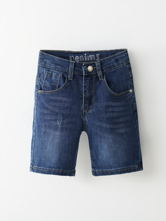 Boys' Fashionable Stretch Washed Denim Shorts - Mid-Thigh, Cotton Blend with Elastic Waistband & Cuffed Hem, Perfect for Summer Outings