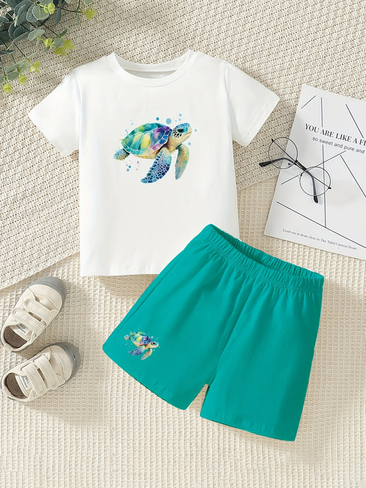 2pcs Turtle & Bubble Print Casual Short Sleeve T-shirt & Shorts Set For Boys, Cool Comfortable Trendy Versatile Boys Summer Outfits Clothes