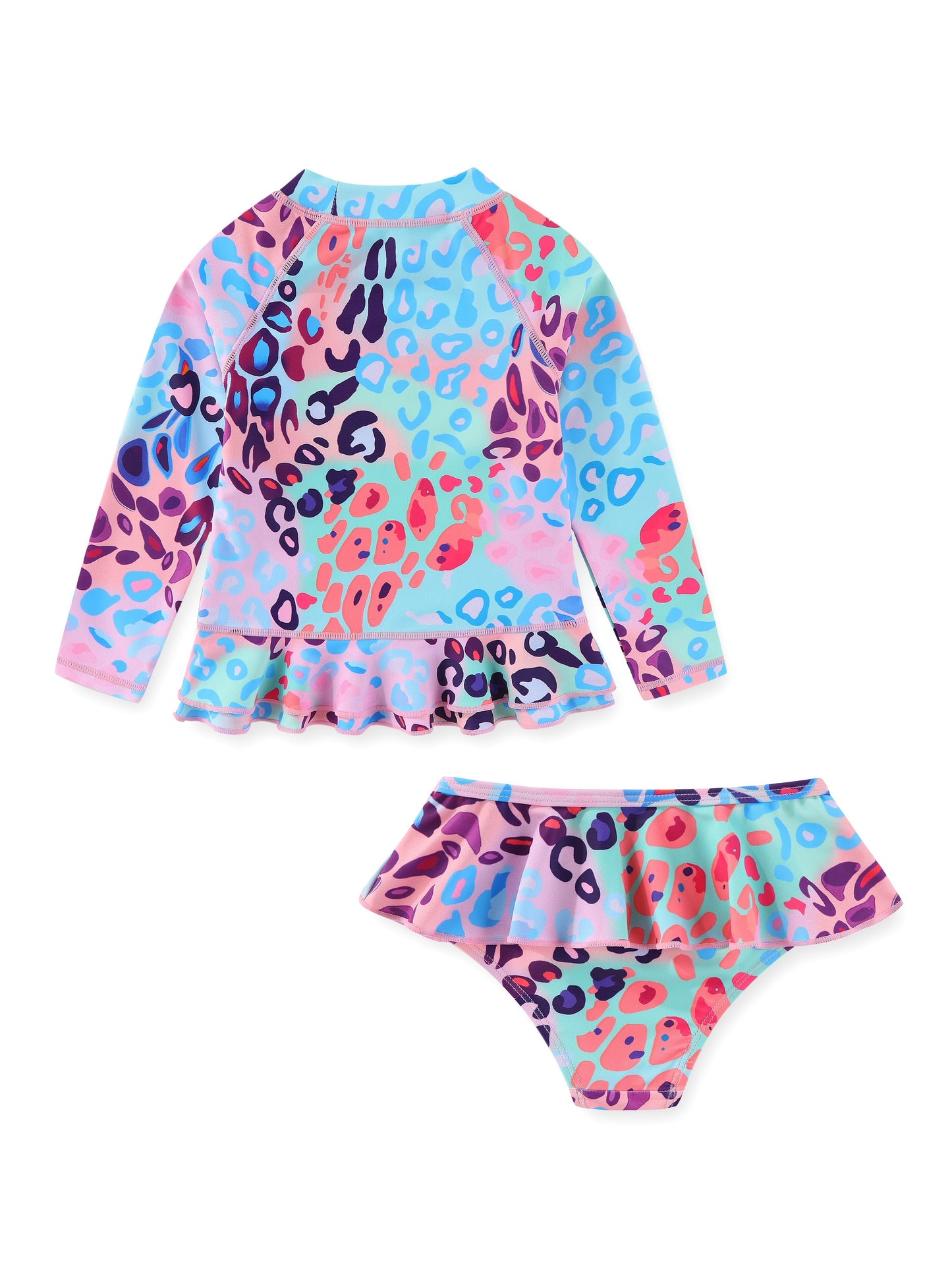 Girls two-piece set of gradient multi-color leopard print swimsuit for girls long sleeve surfing pleated lace hem + girls pleated lace bikini shorts swimsuit