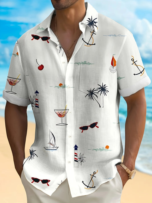 Men's Hawaiian Print Short Sleeve Shirt - Tropical Cocktail Sailboat Lighthouse Design, Breathable Button-Up Beach Shirt with Chest Pockets, Machine Washable Summer Vacation & Casual Outing Wear