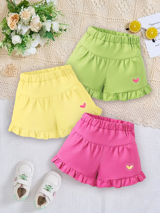 3pcs Set Girls' Heart Embroidery Pattern Summer Shorts with Ruffled Hem Elastic Waist Pants, Suitable for Little Girls Outdoor Wear, Perfect for Outdoor
