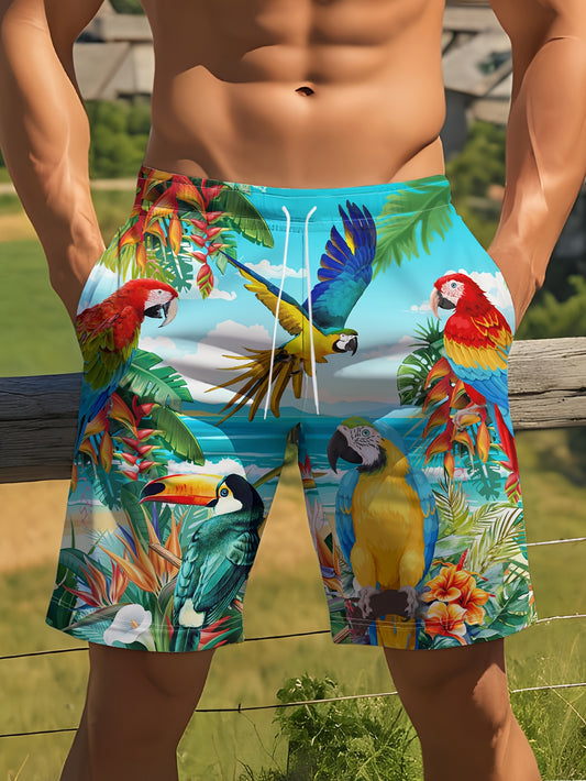 Men'S Tropical Parrot & Palm Tree 3D Print Swim Trunks - Vibrant Beach Vacation Shorts, 100% Polyester, Drawstring Waist, Perfect for Summer Outdoor Activities, Casual Beach Attire | Drawstring Shorts | Polyester Fabric