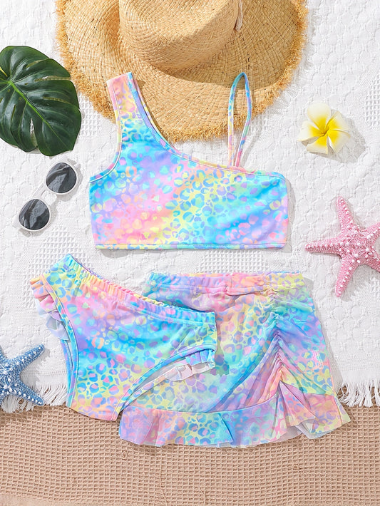 3pcs Girls Gradient Color Bikini Swimsuit + Cover Up Skirt Set Summer Beach Vacation Seaside Suit