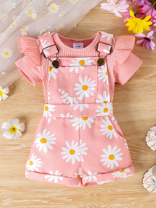 Girls' Summer Outfit - Purple Daisy Print Romper with Ruffle Detail, Shorts & Overalls Set, Lightweight Polyester, Casual Round Neck with Beltless Design, Floral Print Romper | Ruffle-Detailed Shorts | Polyester Fabri, for Ou