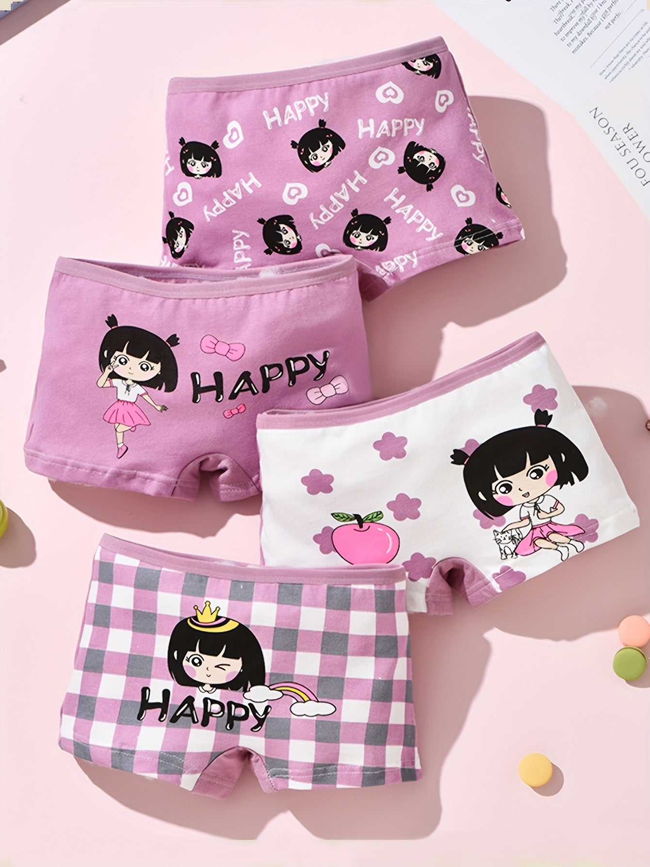 4pcs Cute Girls' Cotton Boxer Briefs with Cartoon Print - Breathable, Sweat Absorbent & Comfort Fit for All Seasons, Double-layer Crotch, 95% Cotton