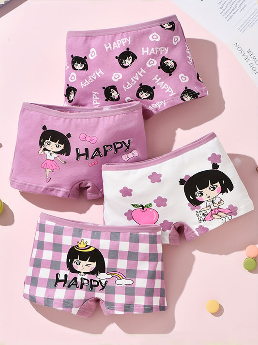 4pcs Cute Girls' Cotton Boxer Briefs with Cartoon Print - Breathable, Sweat Absorbent & Comfort Fit for All Seasons, Double-layer Crotch, 95% Cotton