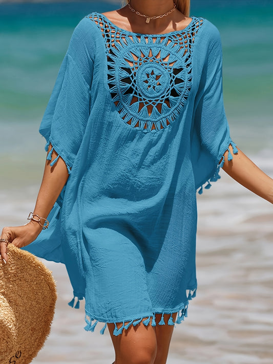 Women's Elegant Vacation-Ready Crochet Cover-Up with Tassel Details - Lightweight Semi-Sheer Round Neck Cardigan for Beach & Poolside, Spring/Autumn Bohemian Style Hand Wash Only, Spring Cover Clothing, Decorative Crochet Des