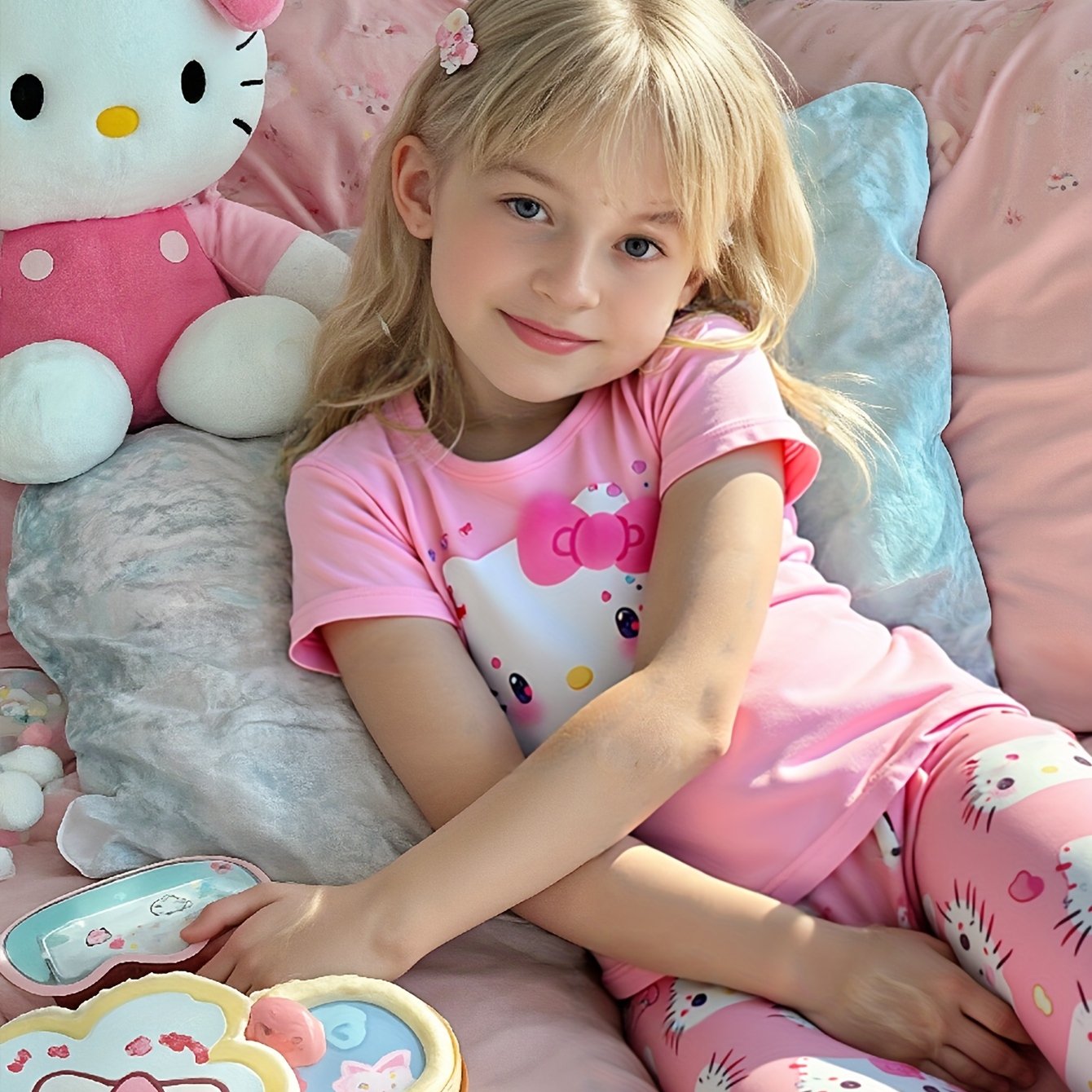 Sanrio for hello kitty Flame-Resistant Female Heart Pajama Top + Shorts Home Wear Two-Piece Set