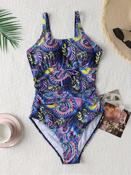 Women's Fashion Casual Athletic One-Piece Swimsuit, Sporty Style, Beachwear with Vibrant Paisley Print, Adjustable Straps
