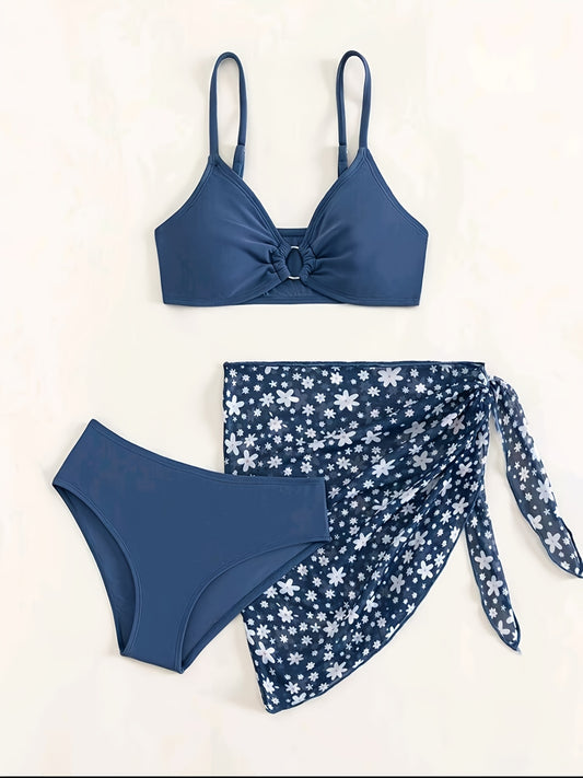 Girls' Bikini Three-Piece Print Swimsuit Set for Teens