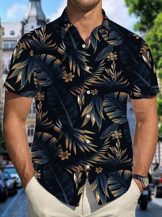 Men's Tropical Print Short Sleeve Shirt - Stylish Button-Up with Palm Tree & Flower Design, Casual Polyester Fabric for Summer Outings