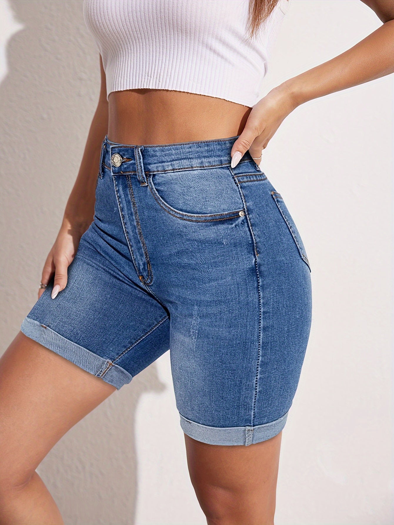Women'S High-Stretch Denim Shorts - Slim Fit, Casual Mid-Thigh Length, Light Blue Washed Jean Shorts for Spring/Summer, Versatile & Breathabl