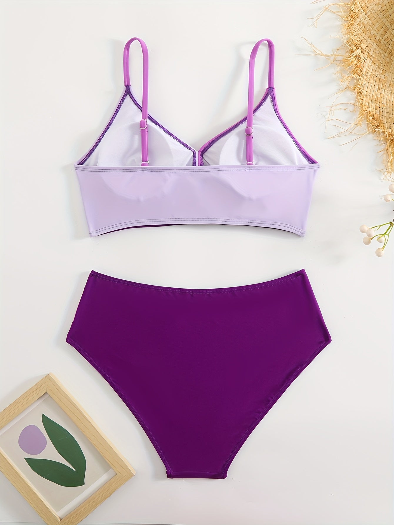 Women's Split Swimwear Color Block Cross-Back Bikini Set Summer Beach Vacation Swimsuit