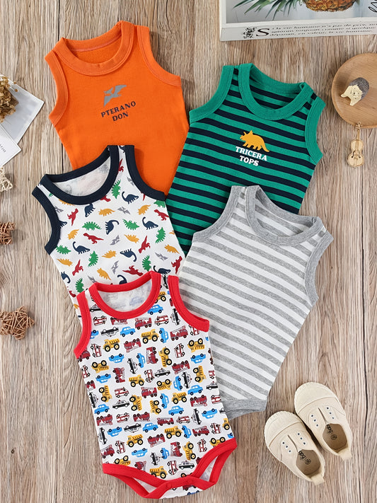 5pcs Pure Cotton Dinosaur Print Boys' Romper Onesie 0-24m, Perfect for Outdoor