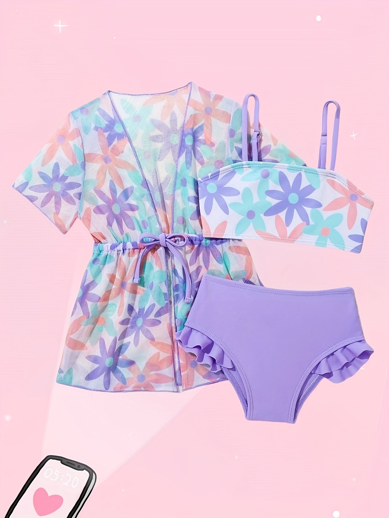 Girls' Three-Piece Swimsuit Beach Sun Protection Set