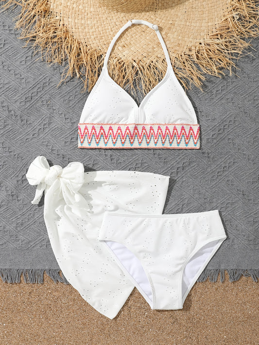 White Girls' Casual and Fashionable Ethnic Style Colorful Braided Strap Separated Swimsuit Bikini 3pcs