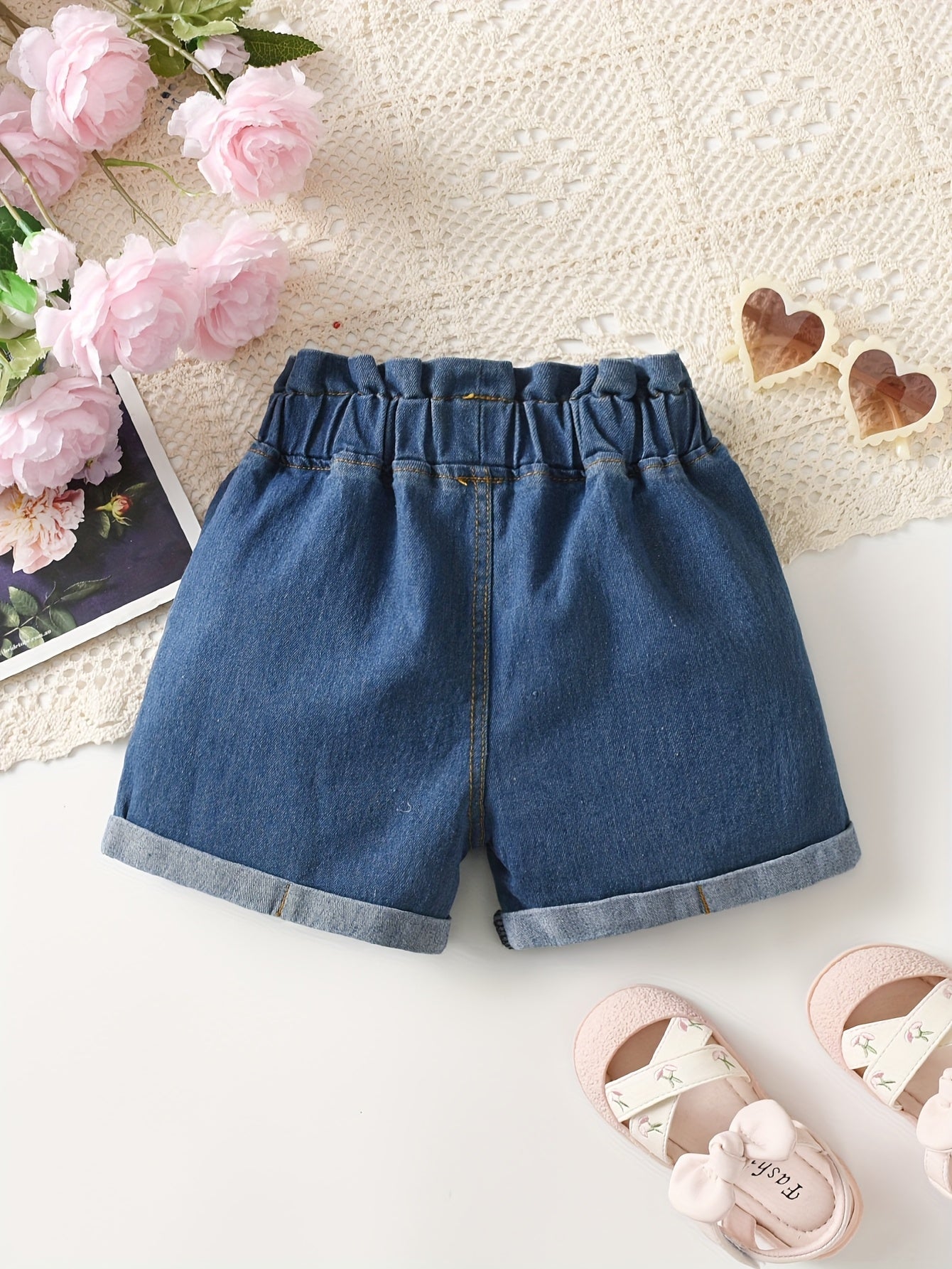 The Little Summer Casual And Comfortable Denim Shorts with Paper Bag Waist And Rolled Edges Are Perfect for Everyday Outings, for Outdoor