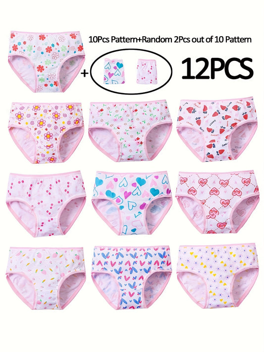 12 Pcs Girl's Cute Flower & Heart Print Briefs, Soft & Comfy Cotton Underwear Set, For All Season Wearing
