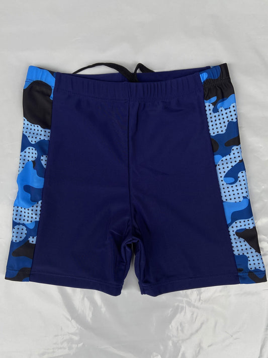 Boys' Navy Blue Camo Print Swim Trunks - Stretchy, Quick-Dry Polyester/Spandex Blend with Elastic Waistband & Drawstring - Machine Washable, Perfect for Active Youngsters