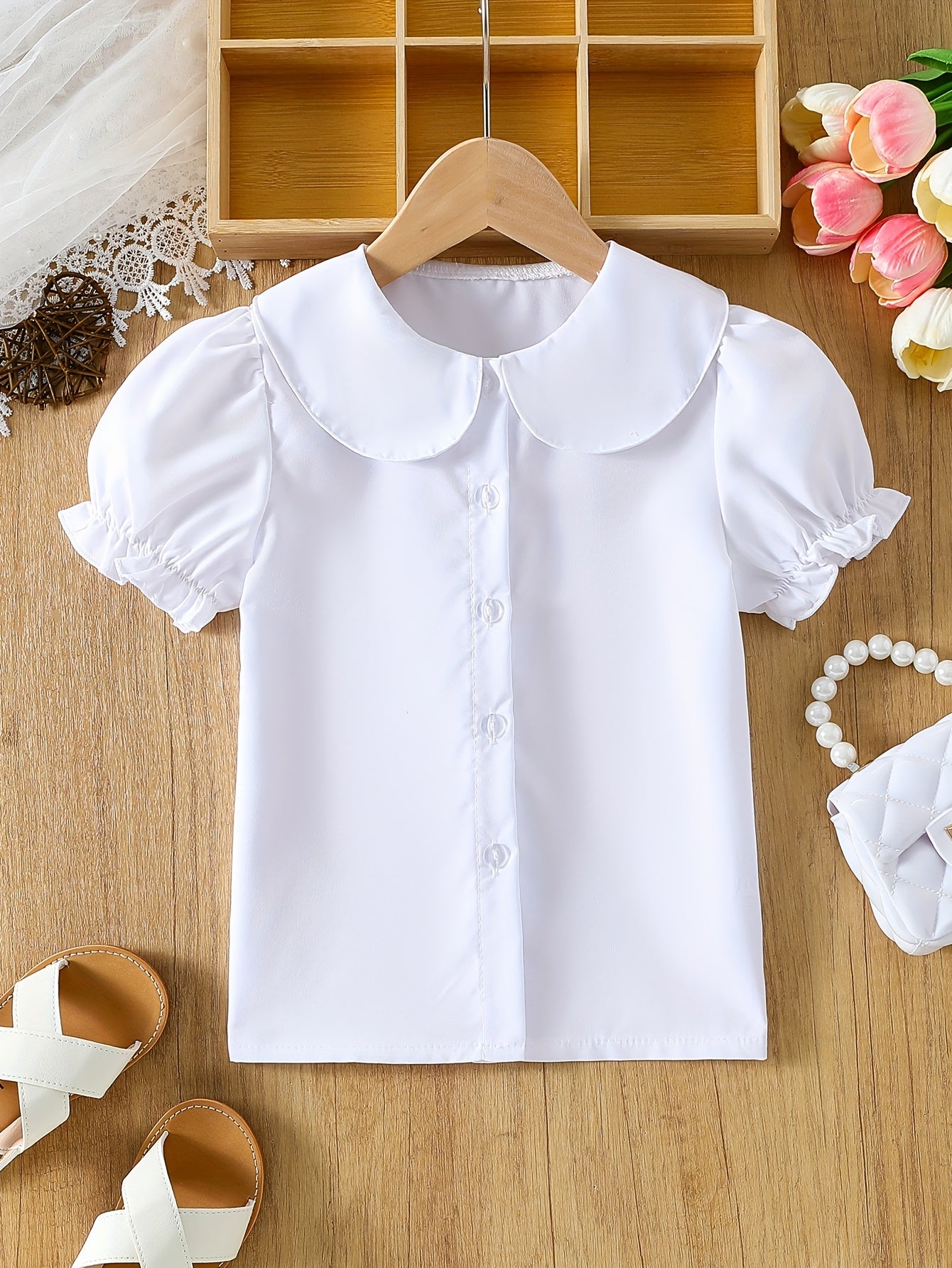 Girls' Summer Casual White Blouse with Doll Collar and Bubble Sleeves - Machine Washable, Perfect for Playtime
