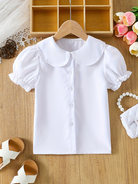 Girls' Summer Casual White Blouse with Doll Collar and Bubble Sleeves - Machine Washable, Perfect for Playtime