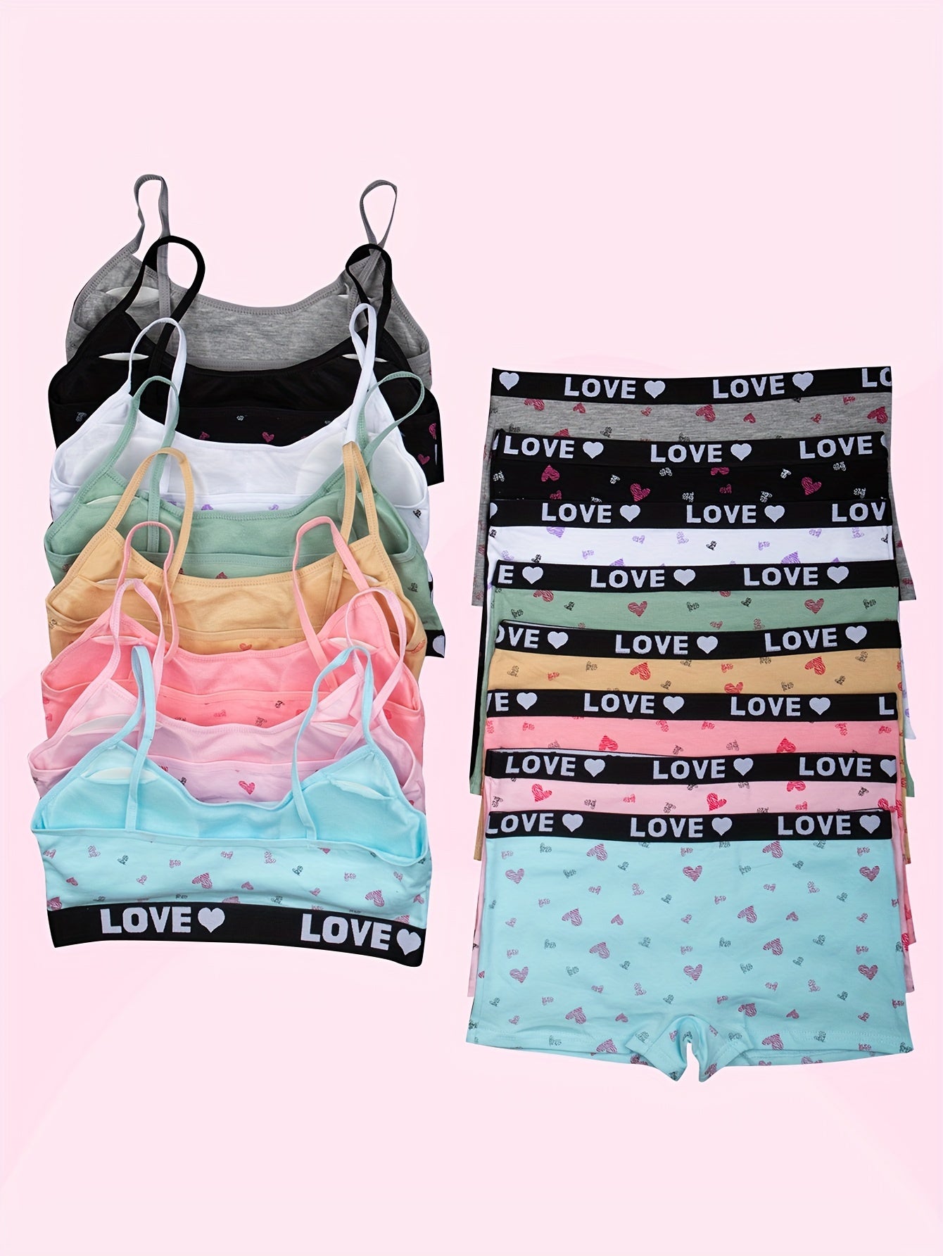 6pcs Girls' Cute Heart Print Cotton Camisole & Boxer Briefs Set - Comfy, Stretchy Casual Outfit for Ages 10-12