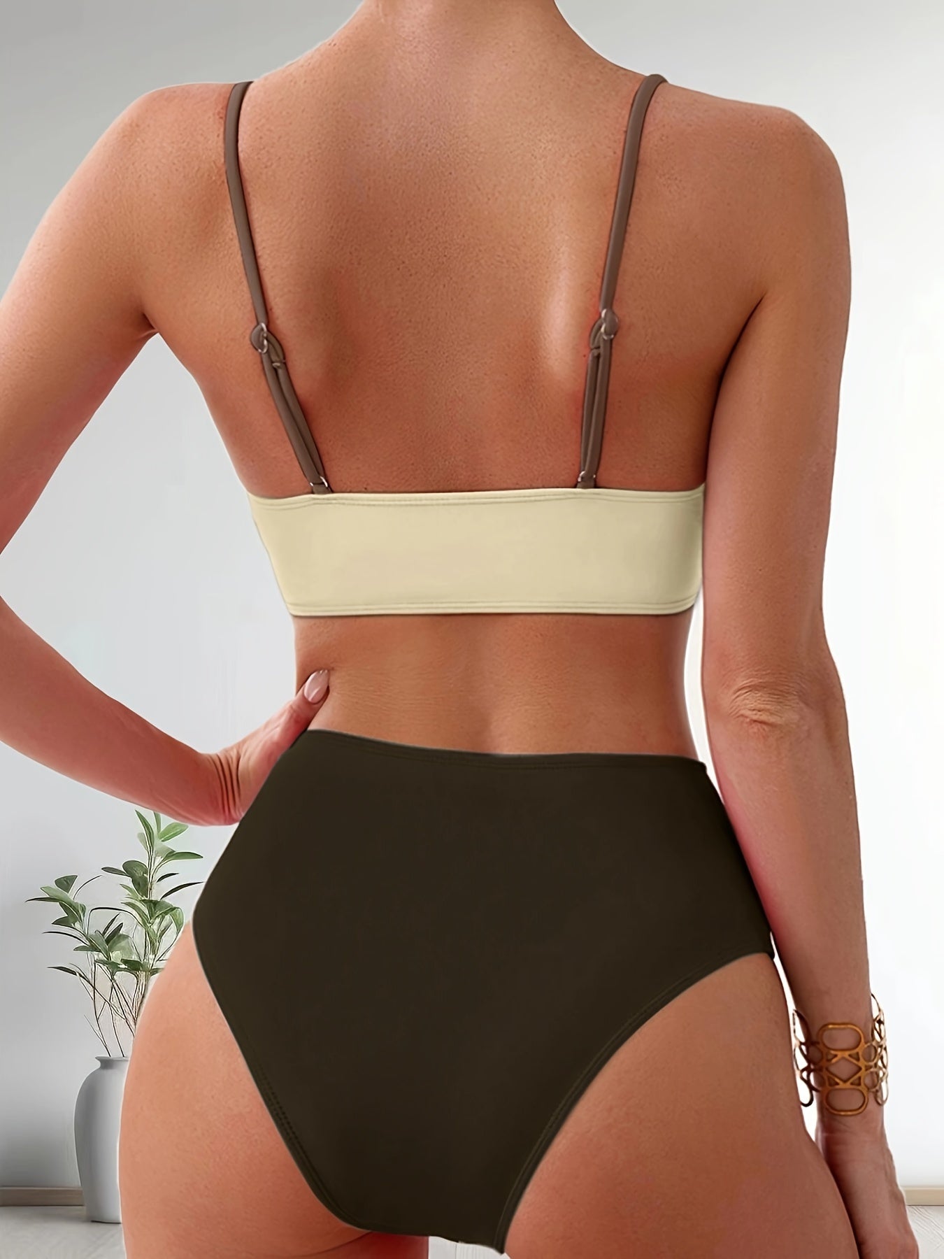Women's Split Swimwear Color Block Cross-Back Bikini Set Summer Beach Vacation Swimsuit