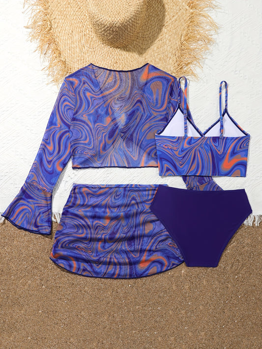 Chic Swirls Print 4-Piece Swimsuit, Sling Bikini Set + Cover-up Set, Beach Holiday Bathing Suit, Girls Outdoor Swimwear