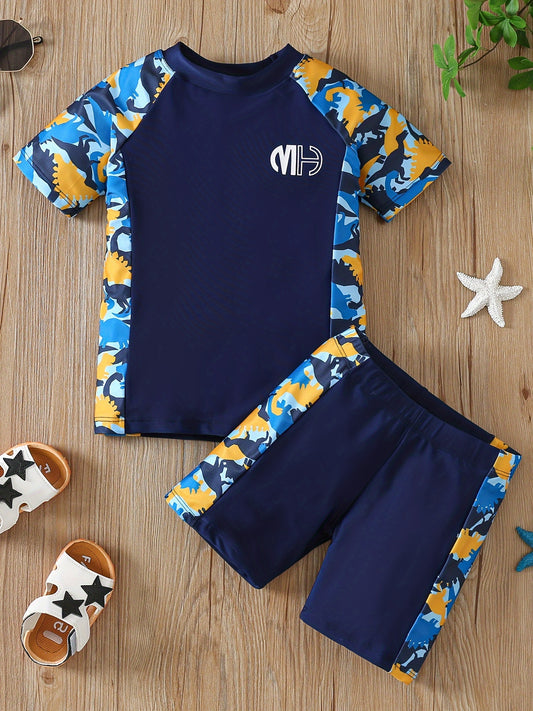 Boys' Summer Swimsuit Set with Off-Shoulder Top and Full Print Dinosaur Patchwork Shorts Youngsters Swimwear