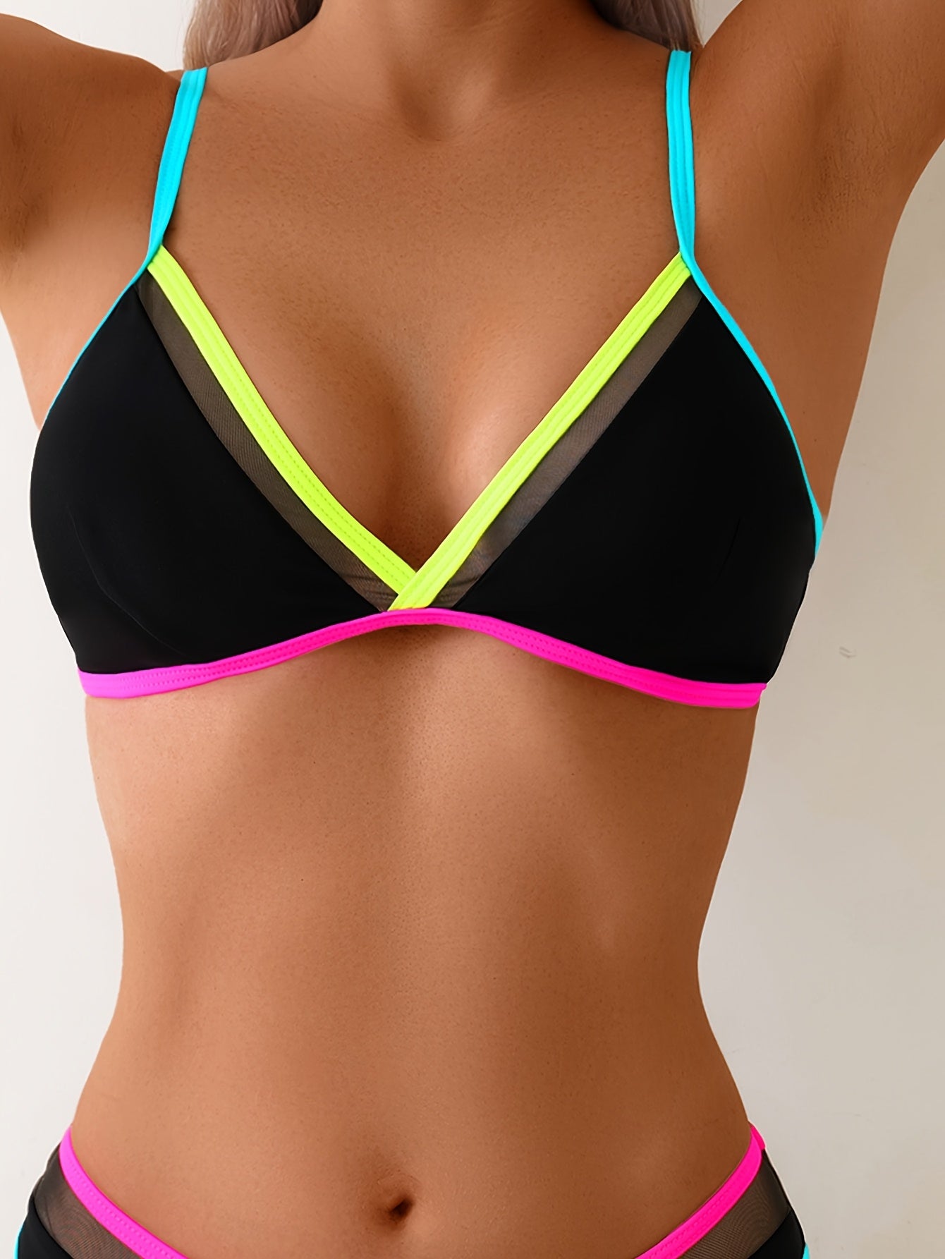 Cozok Women'S Two-Piece Bikini Set - Sexy V-Neck Swimsuit with Mesh Detail, Black & Pink Striped Straps, High-Stretch Fabric, Perfect for Beach or Poolsid