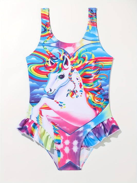 Whimsical Unicorn Girls' One-Piece Swimsuit - Sleeveless, Quick-Dry Polyester & Elastane Blend, Ruffled Hem with Colorful Rainbow Mane Design for Ages 7-12, Girls Swimwear