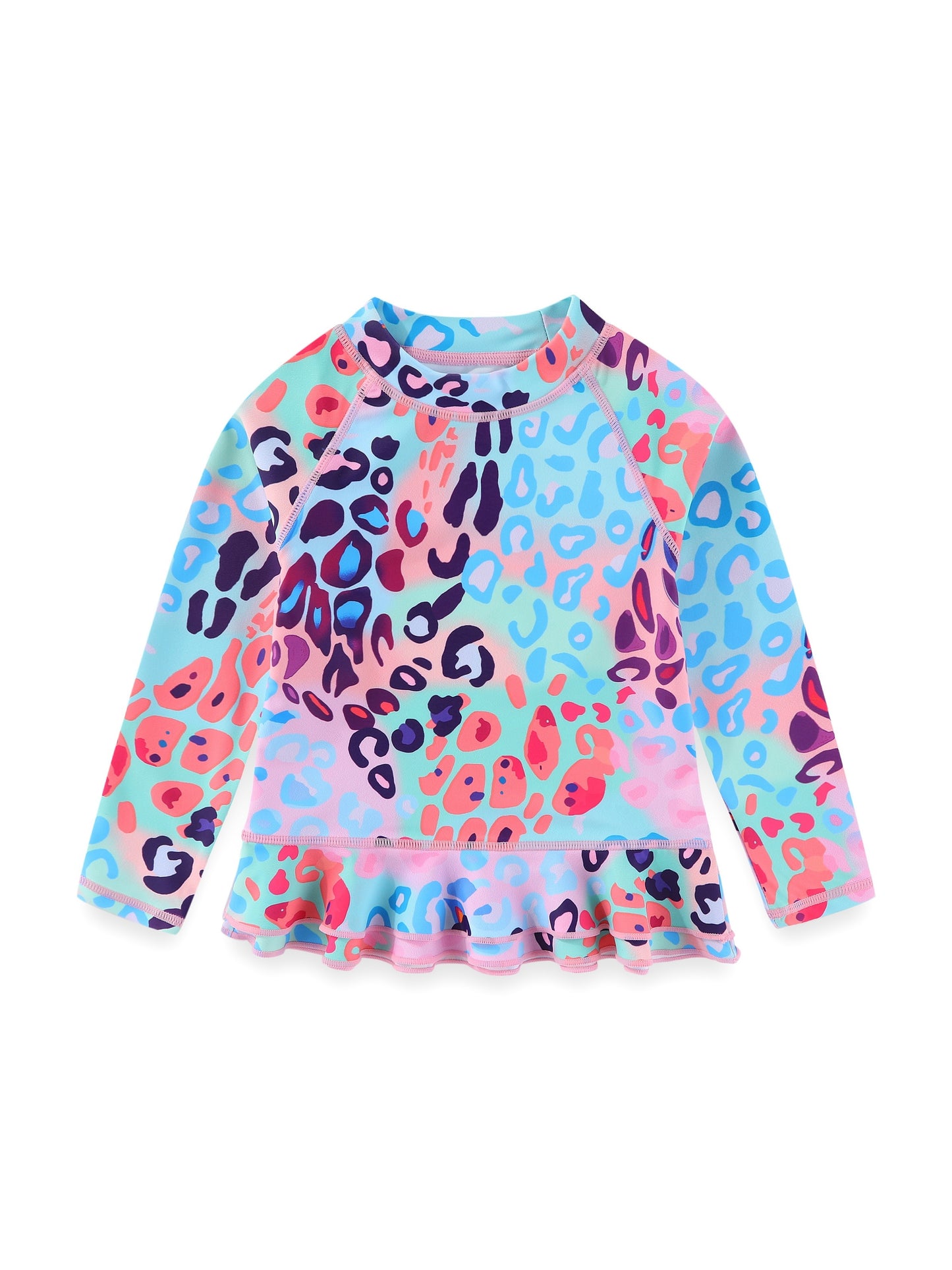 Girls two-piece set of gradient multi-color leopard print swimsuit for girls long sleeve surfing pleated lace hem + girls pleated lace bikini shorts swimsuit