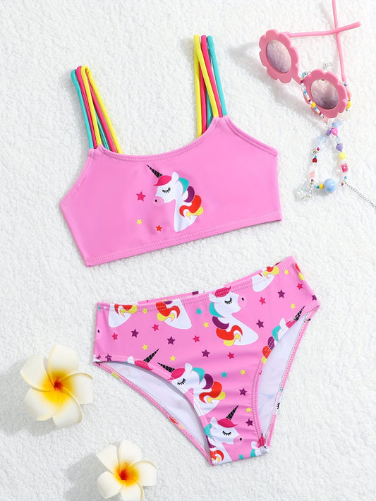 Girls' Fashionable Unicorn Print Colorful Strap Cute Bikini