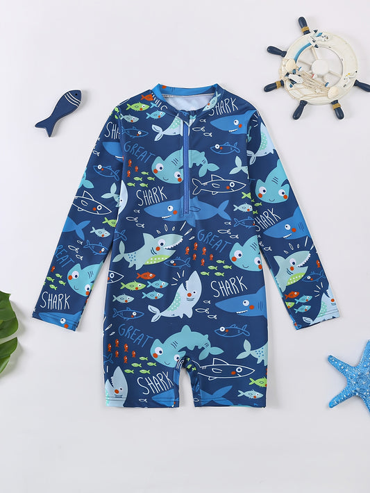 Boys Cute Print Long-Sleeved One-Piece Swimsuit Beach Swimming Quick-Drying Swimsuit