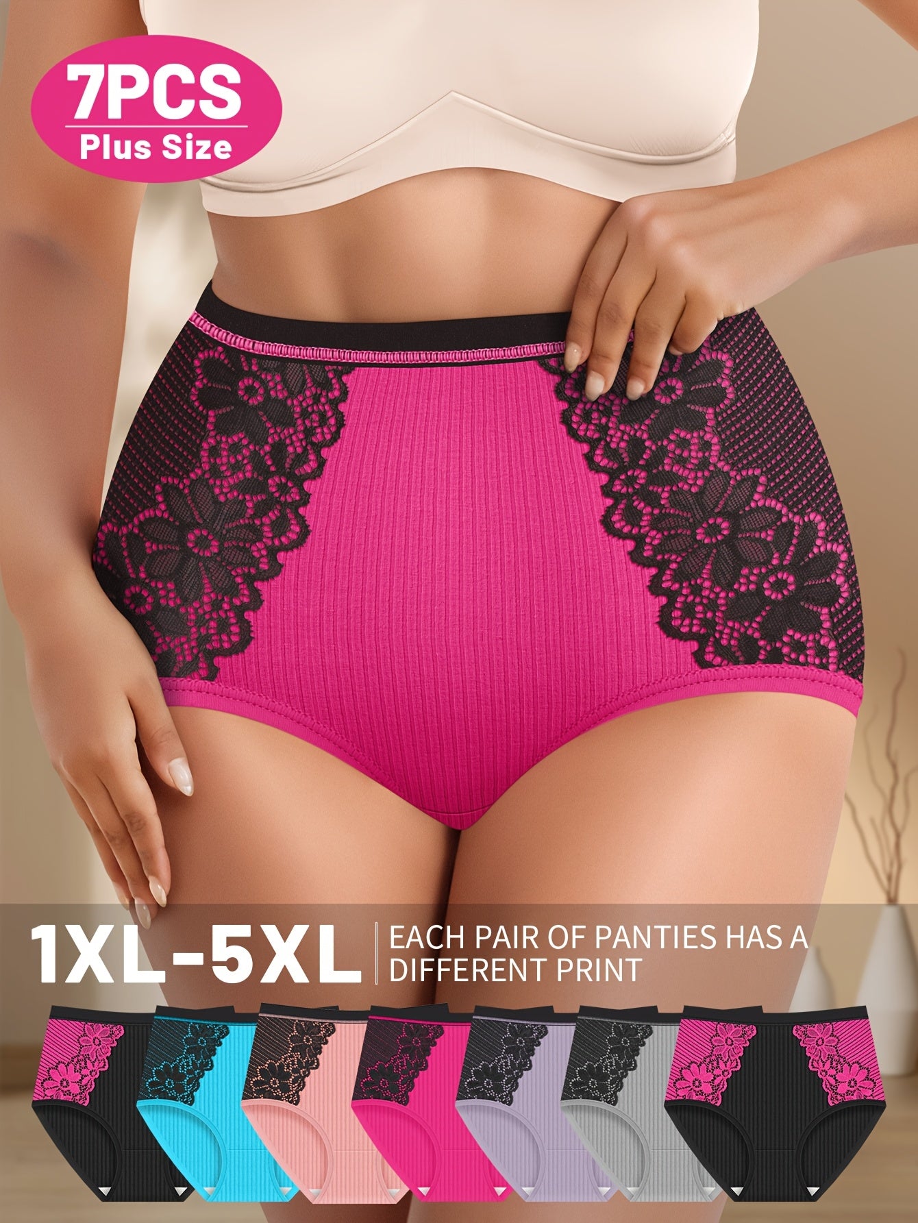 7pcs Plus Size Panties, Plus Size Underwear, Plus Size High Waist Panties, Mid-Rise Panties, Ribbed Stripes, Contrast Color, Triangle Pants, Comfortable Fit