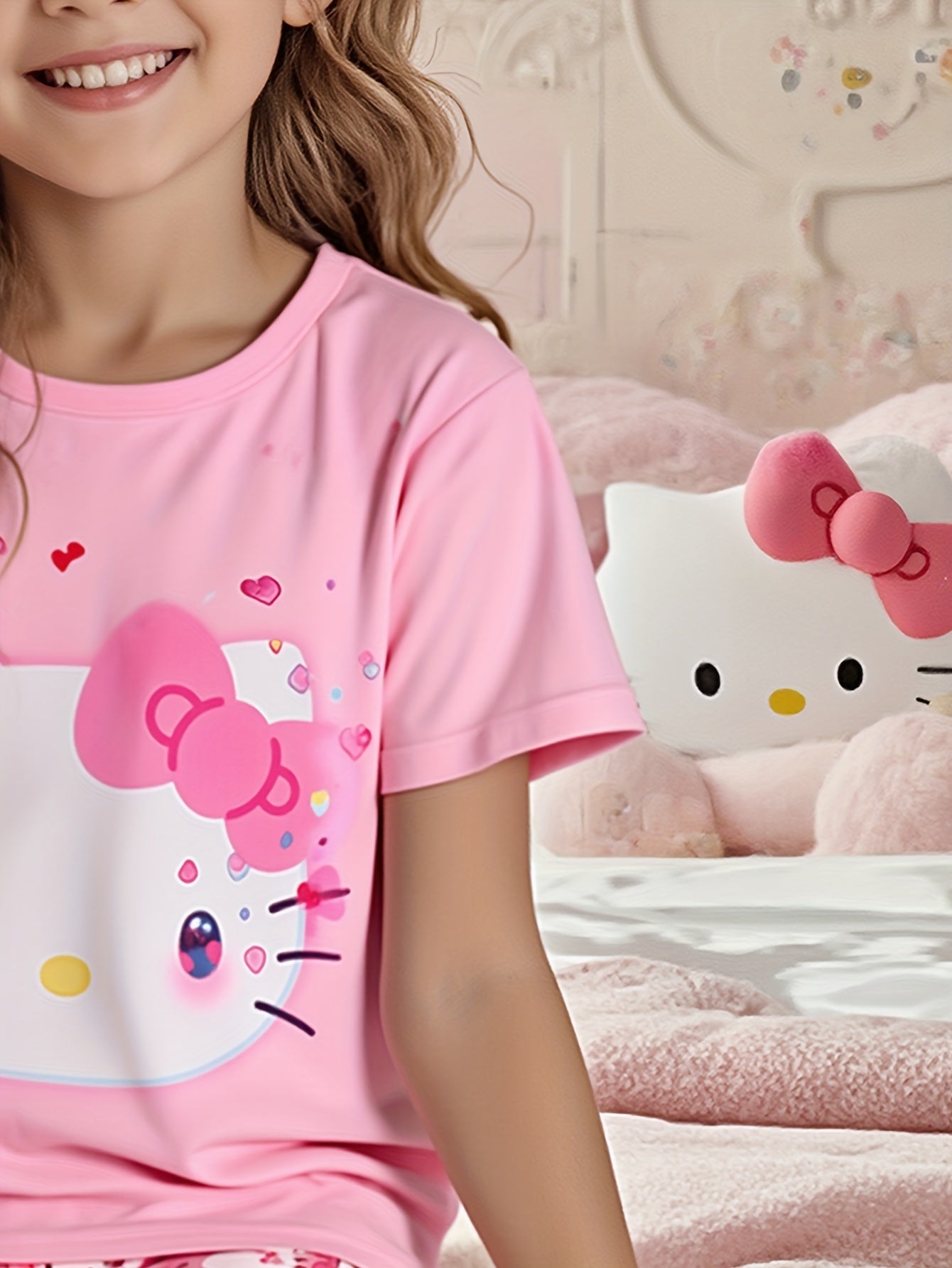 Sanrio for hello kitty Flame-Resistant Female Heart Pajama Top + Shorts Home Wear Two-Piece Set