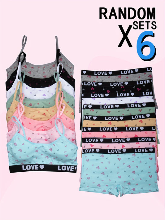 6pcs Girls' Cute Heart Print Cotton Camisole & Boxer Briefs Set - Comfy, Stretchy Casual Outfit for Ages 10-12