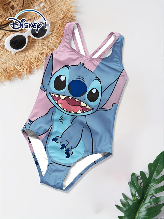 Stitch Hawaiian Style Girls' Swimsuit - Stretchy & Breathable Fabric, Cute Stitch Print, Casual & Fashionable; Ideal Gift for Beach, Pool, Water Sports Vacation, Beach Swimsuit|Playful Print|Stretchy Fabric