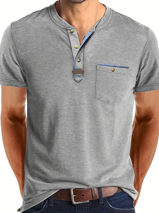 Men'S Solid Color Round Neck T-Shirt, Casual Stylish Henley Shirt with Pocket.