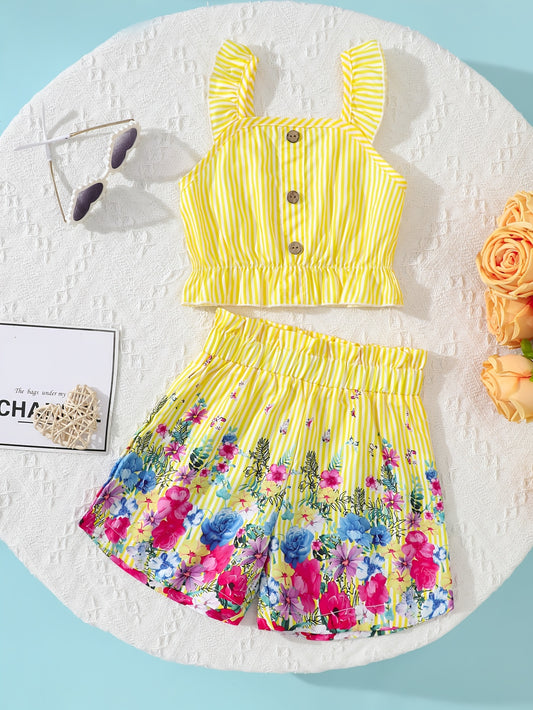 2pcs Cute Girls Summer Outfit, Sleeveless Striped Print Cami Top & Floral Print Shorts Set, Polyester Non-Stretch Fabric, Spaghetti Strap, Button Details, Straight Hem, Daily & Casual Wear, for Outdoor
