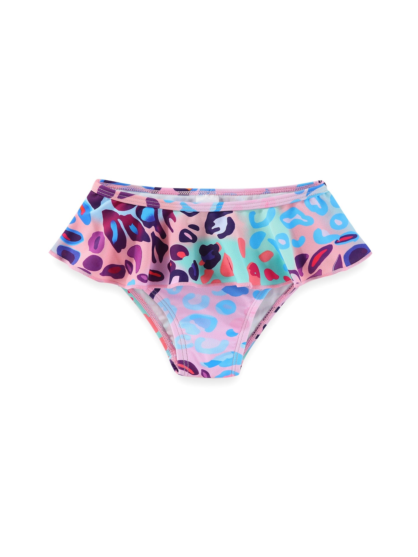Girls two-piece set of gradient multi-color leopard print swimsuit for girls long sleeve surfing pleated lace hem + girls pleated lace bikini shorts swimsuit