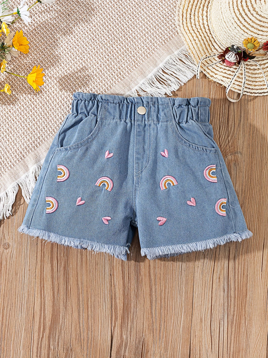 Girls' Light Blue Denim Shorts with Pink Hearts & Rainbow Embroidery, Raw Hem, Elastic Waistband - Comfy Casual Summer Beachwear for Youngsters, Bohemian Style, Machine Washable, Beach Shorts