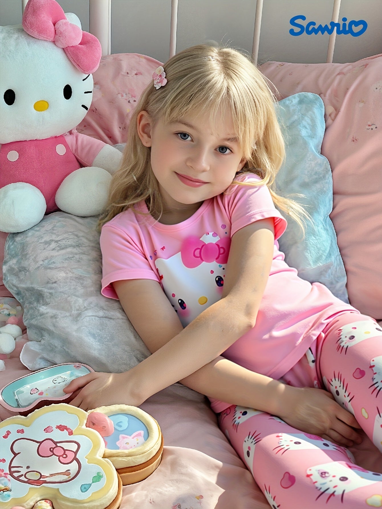 Sanrio for hello kitty Flame-Resistant Female Heart Pajama Top + Shorts Home Wear Two-Piece Set