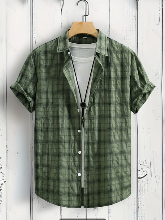 Men'S Summer Casual Plaid Shirt, 60% Polyester 34% Cotton 6% Rayon, Short Sleeve, Lapel Collar, Non-Stretch Woven Fabric, Regular Fit, Outdoor Hiking & Weekend Wear - 105gsm