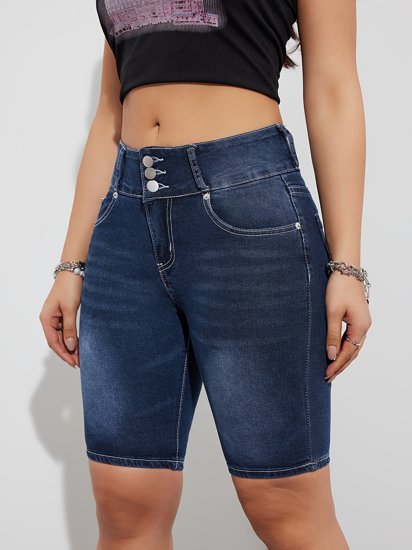 Single-breasted Slash Pocket Bermuda Denim Shorts, Whiskering Washed Blue Casual Stretchy Denim Shorts, Women's Denim Jeans & Clothing
