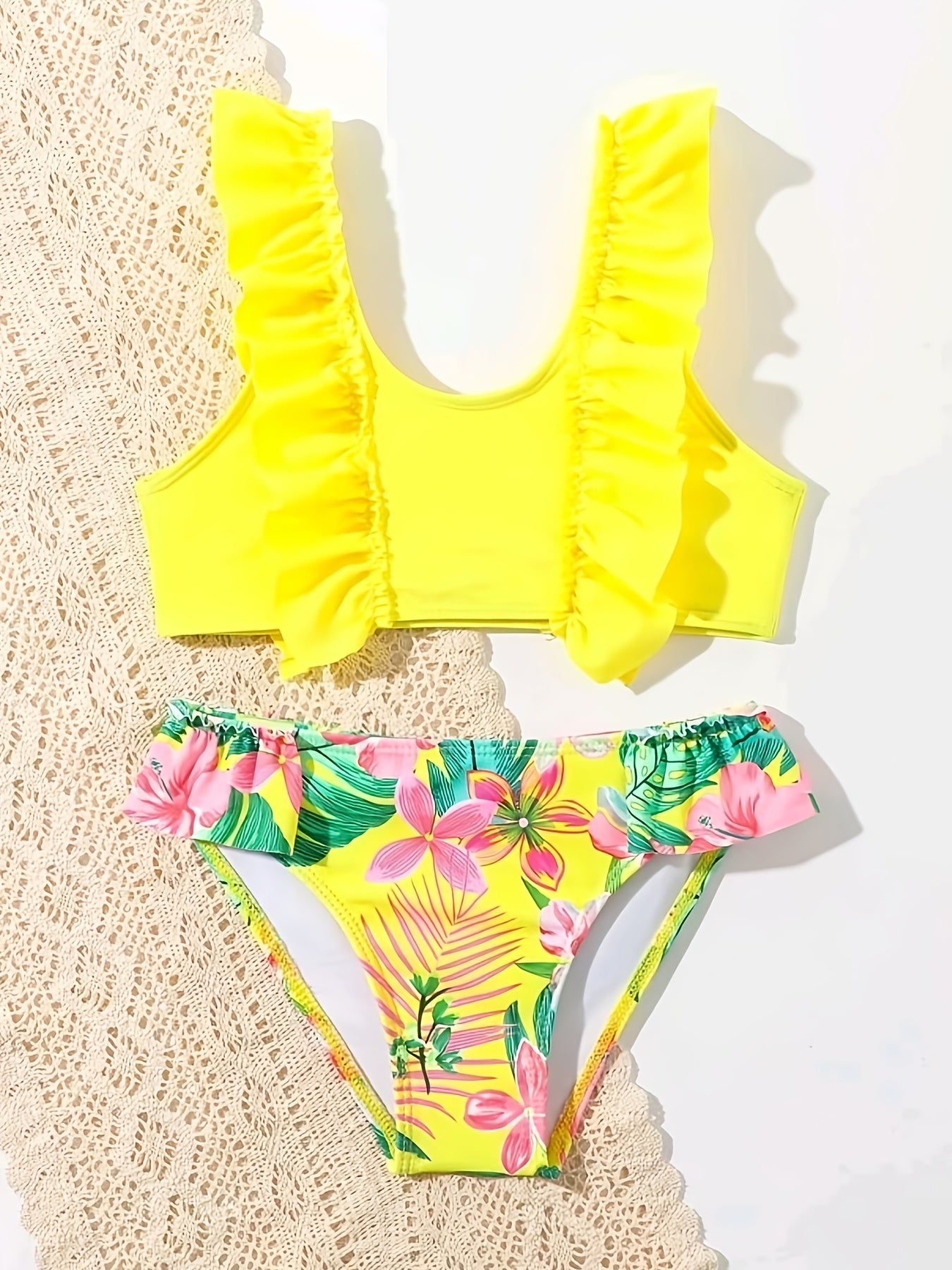 [1set Tropical Floral Print Girls' Bikini] 1set Tropical Floral Print Girls' Bikini Set, V-Neck Ruffle Detail, Knitted Polyester & Spandex, Stretchy Swimwear for Kids
