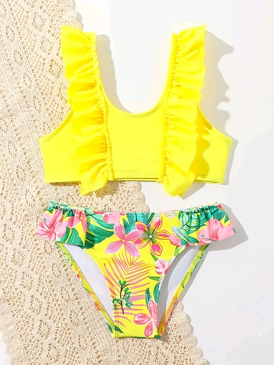 [1set Tropical Floral Print Girls' Bikini] 1set Tropical Floral Print Girls' Bikini Set, V-Neck Ruffle Detail, Knitted Polyester & Spandex, Stretchy Swimwear for Kids