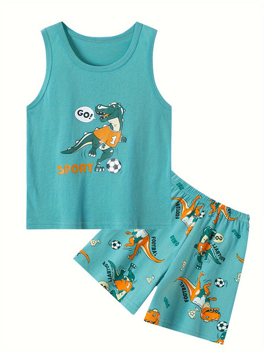 2pcs Boys Soccer Dino Print Versatile Sleeveless Tank Top & Shorts Set, Cool, Lightweight And Comfy Summer Holiday Clothes For Daily & Outdoor Wear