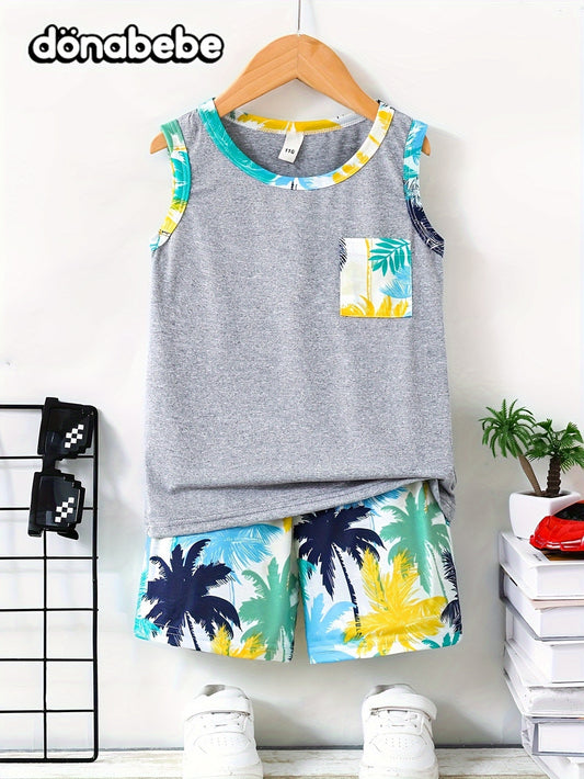 2pcs Coconut Tree Graphic Print Boys Creative Sleeveless Tank Tops&Shorts Set, Casual Crew Neck Vest&Shorts, Boys Clothing For Daily & Outdoor Wear